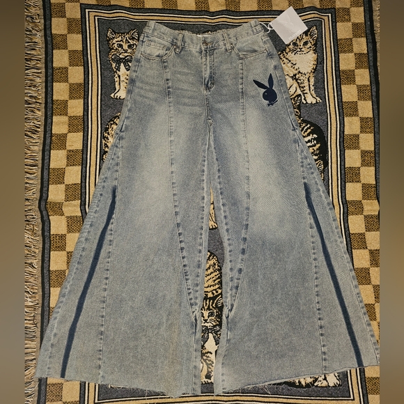 PLAYBOY Blue Flare Wide Leg Jeans Logo Whiskered Raw Hem